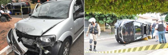 Carro de luxo capota em acidente e condutora Ã© retirada pelo teto solar