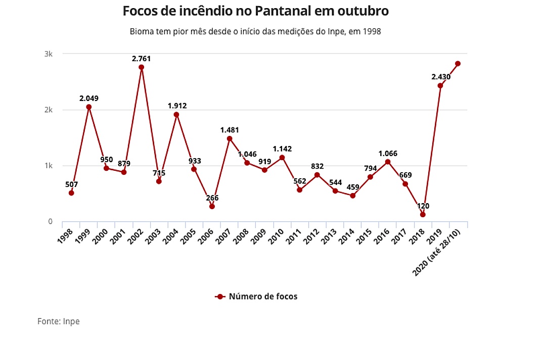 Com 2.825 pontos de inc&ecirc;ndio, Pantanal tem pior outubro da hist&oacute;ria, indicam dados do Inpe