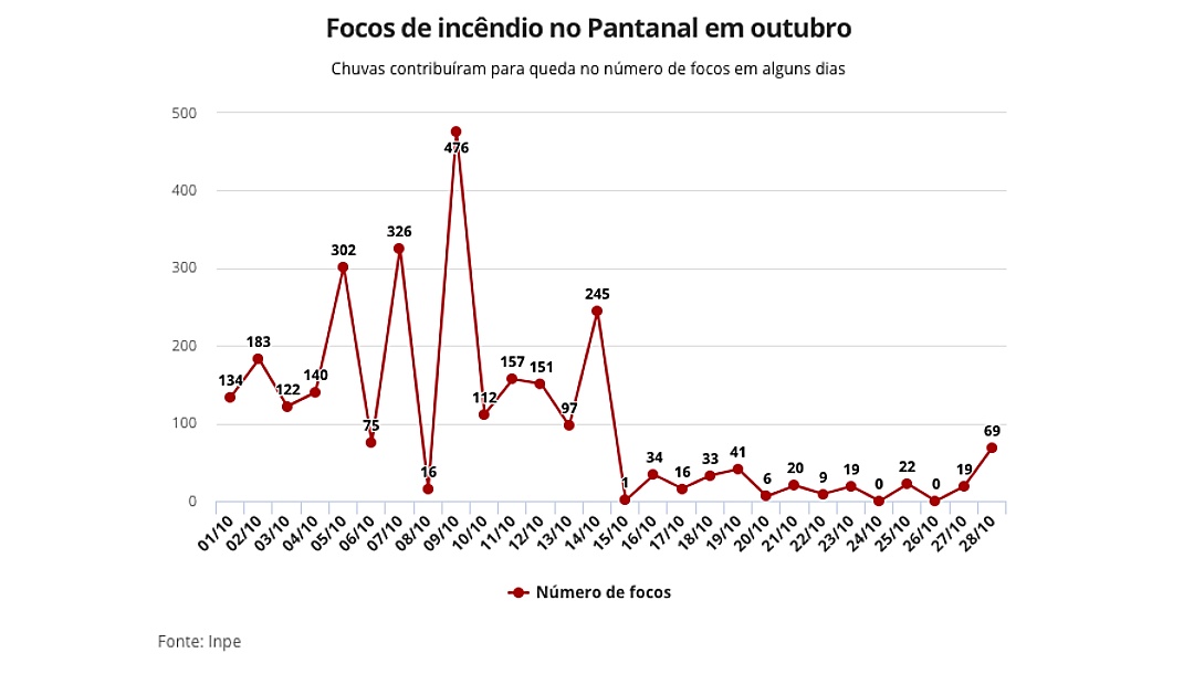 Com 2.825 pontos de inc&ecirc;ndio, Pantanal tem pior outubro da hist&oacute;ria, indicam dados do Inpe