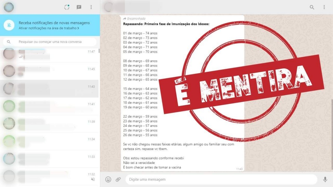 Calend&aacute;rio de vacina&ccedil;&atilde;o em mar&ccedil;o que circula no Whatsapp &eacute; &quot;fake&quot;
