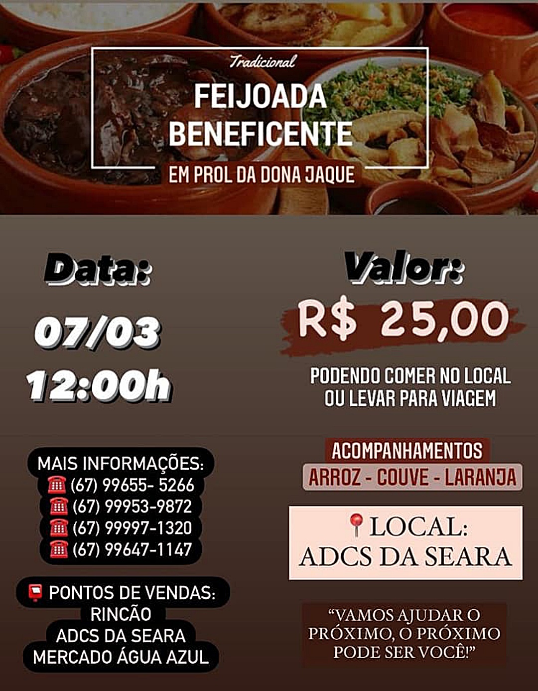Feijoada solidária para custear cirurgia de dona Jaque acontece neste domingo