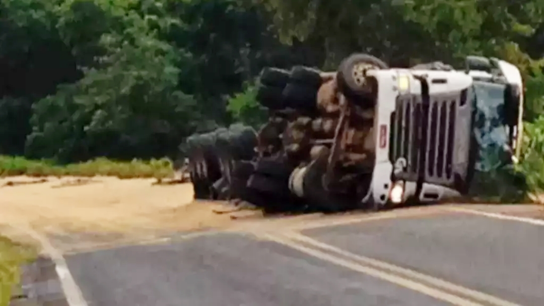 Motorista tomba carreta carregada com 50 toneladas de milho na BR-060