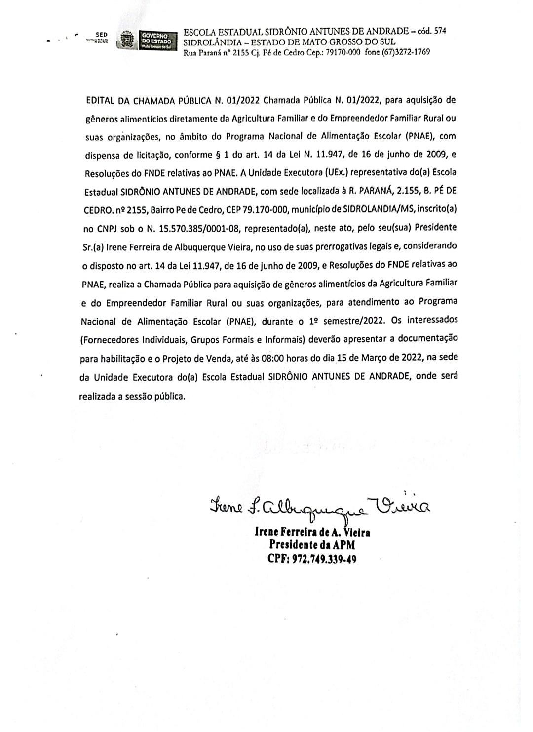 Sidr&ocirc;nio faz chamada p&uacute;blica para aquisi&ccedil;&atilde;o de alimentos da agricultura