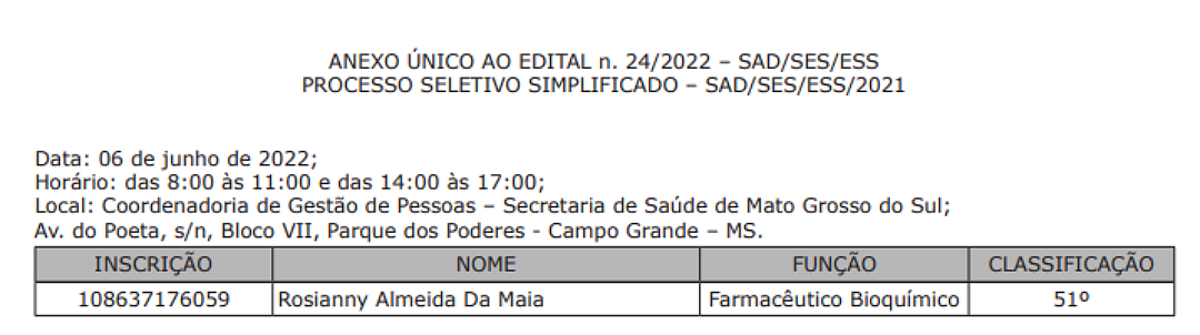 Publicada convoca&ccedil;&atilde;o de candidata classificada em processo seletivo da SES