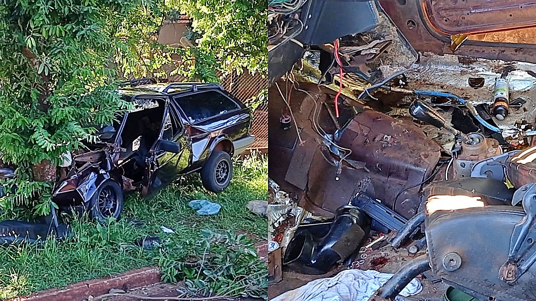 Motorista perde o controle da direção e Parati fica destruída ao bater em árvore