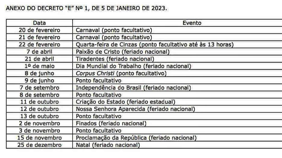 Decreto define calend&aacute;rio com 17 dias de folga para o funcionalismo estadual 