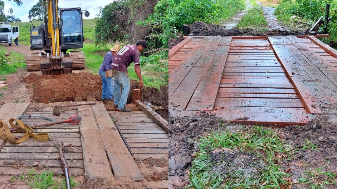 Tr&ecirc;s pontes em estrada do transporte escolar s&atilde;o reconstru&iacute;das pela Prefeitura de Sidrol&acirc;ndia