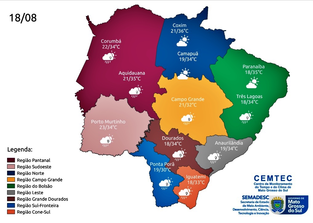 Previs&atilde;o de chuvas fracas a moderadas em Mato Grosso do Sul nesta sexta-feira