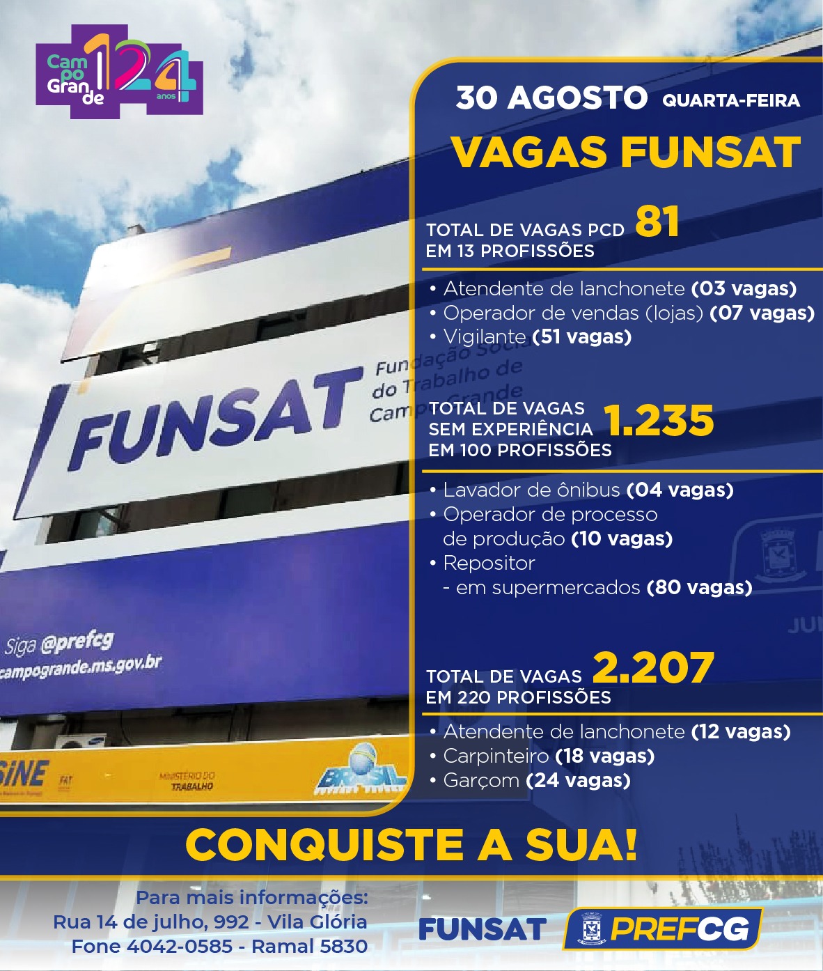 Funsat anuncia mais de 2,2 mil vagas de emprego em 220 fun&ccedil;&otilde;es nesta quarta-feira (30)