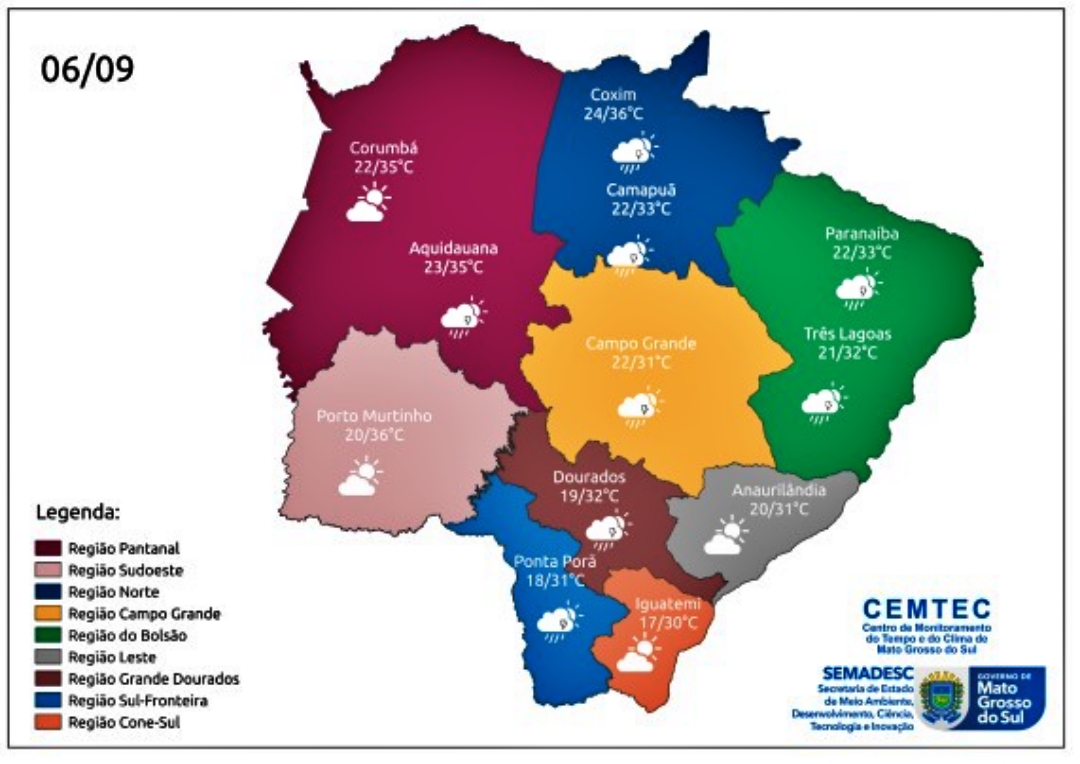 MS ter&aacute; tempo quente e chuvas isoladas na quarta-feira