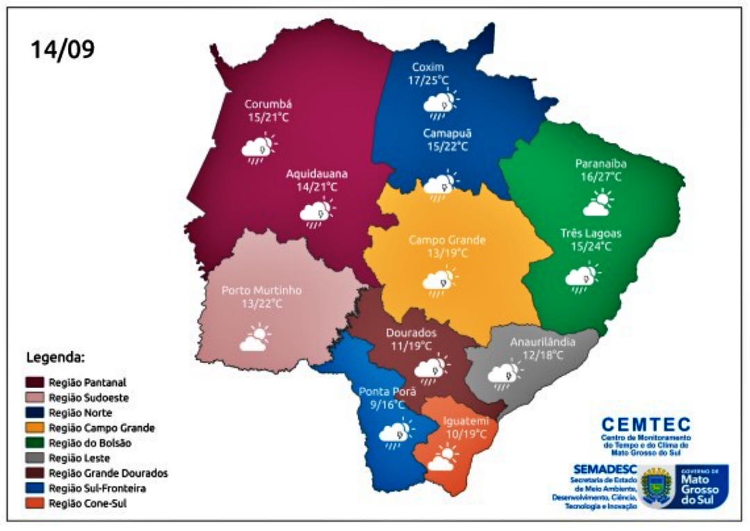 Previs&atilde;o de tempo inst&aacute;vel e frente fria para esta quinta-feira em MS
