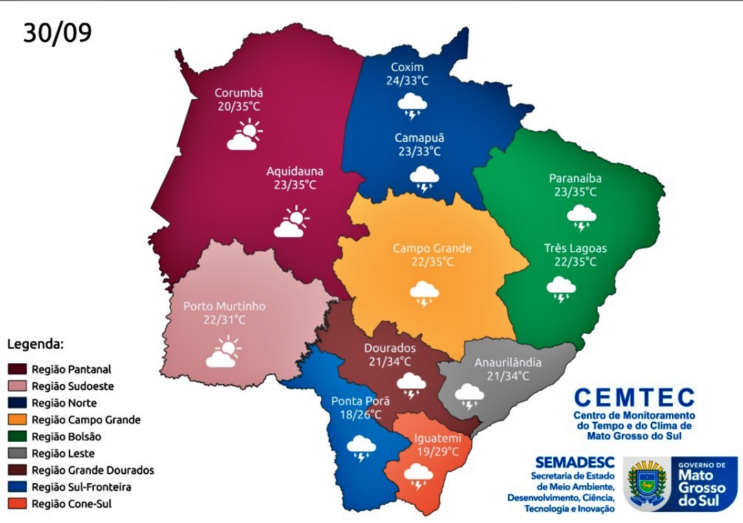 S&aacute;bado tem previs&atilde;o de chuvas aliada ao aumento de temperatura em MS