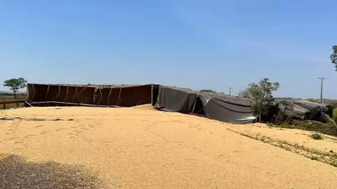 Caminhão carregado com soja tomba