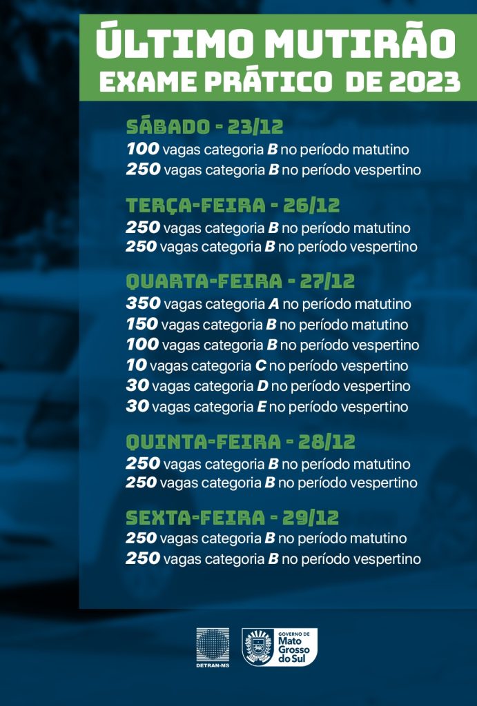 &Uacute;ltima chance: Detran-MS abre agendamento para mutir&atilde;o com 2,5 mil vagas de exame pr&aacute;tico