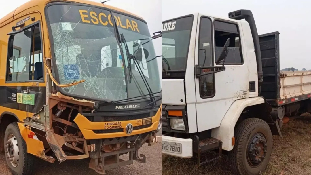 Crian&ccedil;as saem ilesas de acidente entre caminh&atilde;o e &ocirc;nibus escolar em Santa Rita do Pardo