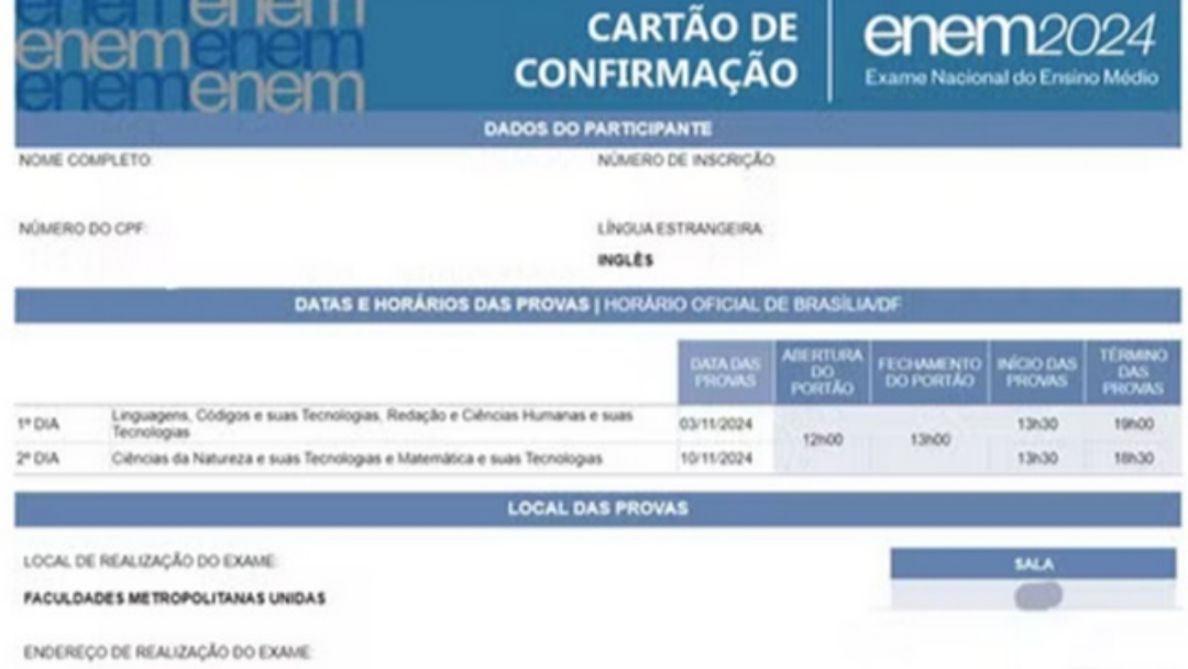 Cart&atilde;o de confirma&ccedil;&atilde;o com local de prova &eacute; divulgado