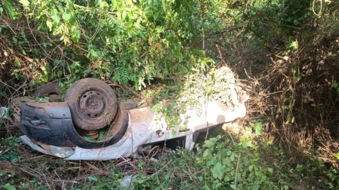 Ao desviar de capivara, pick-up capota na BR-060 em Para&iacute;so das &Aacute;guas