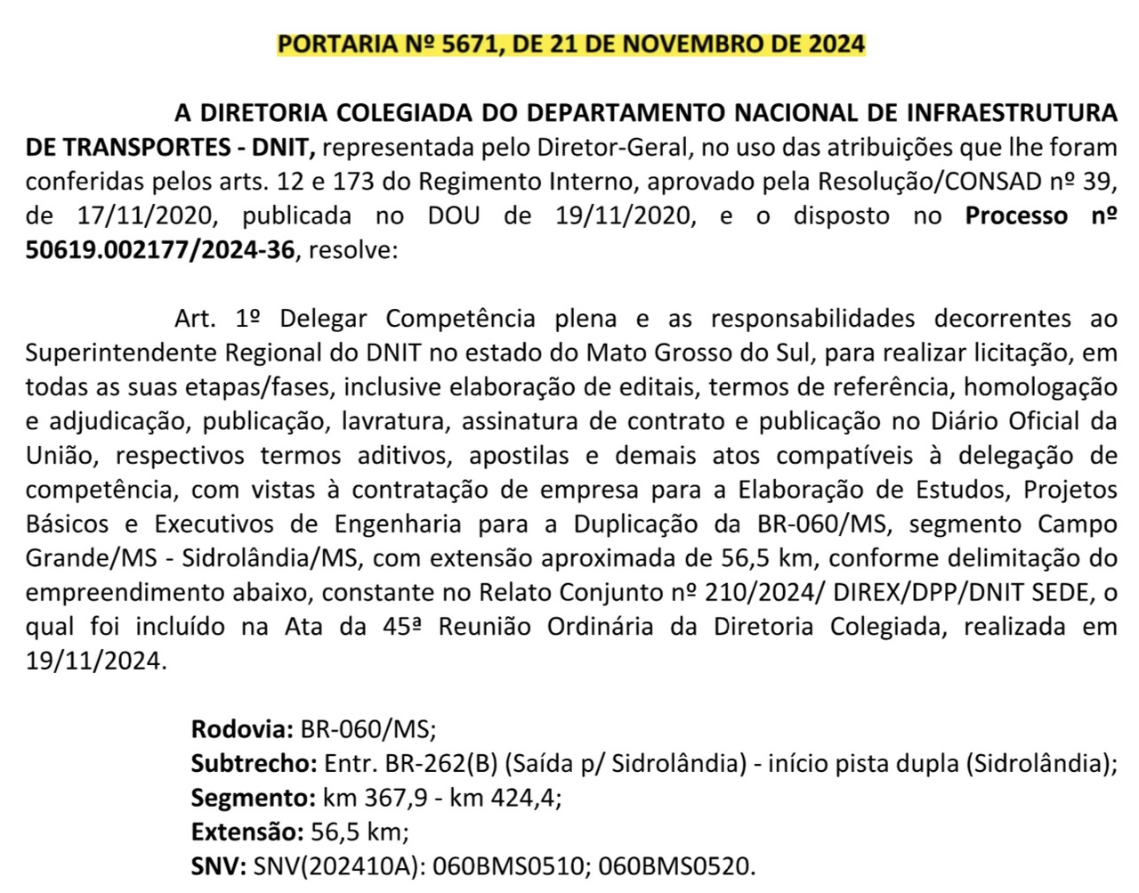 Gerson confirma portaria que autoriza regional do DNIT a contratar projeto da duplicação da BR-060