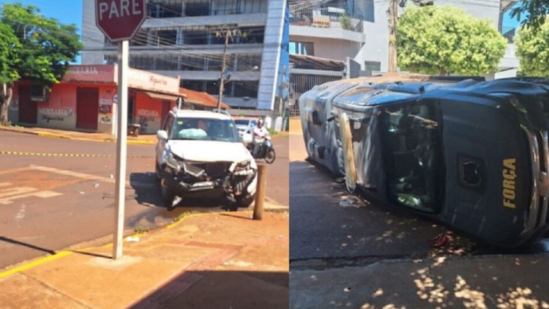 Viatura da For&ccedil;a Nacional bate em carro popular e capota em Dourados