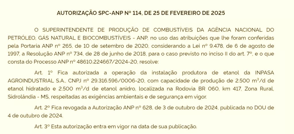 ANP autoriza opera&ccedil;&atilde;o da 2&ordf; fase e Inpasa poder&aacute; produzir at&eacute; 800 milh&otilde;es de litros de etanol por ano