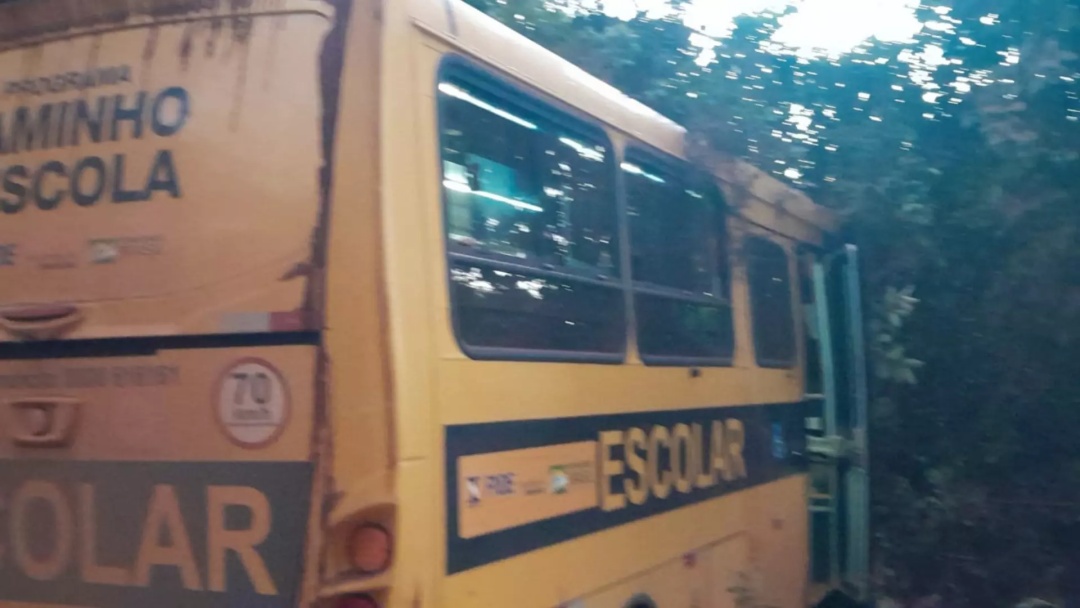 Micro-ônibus com 18 alunos sai da pista e bate em barranco