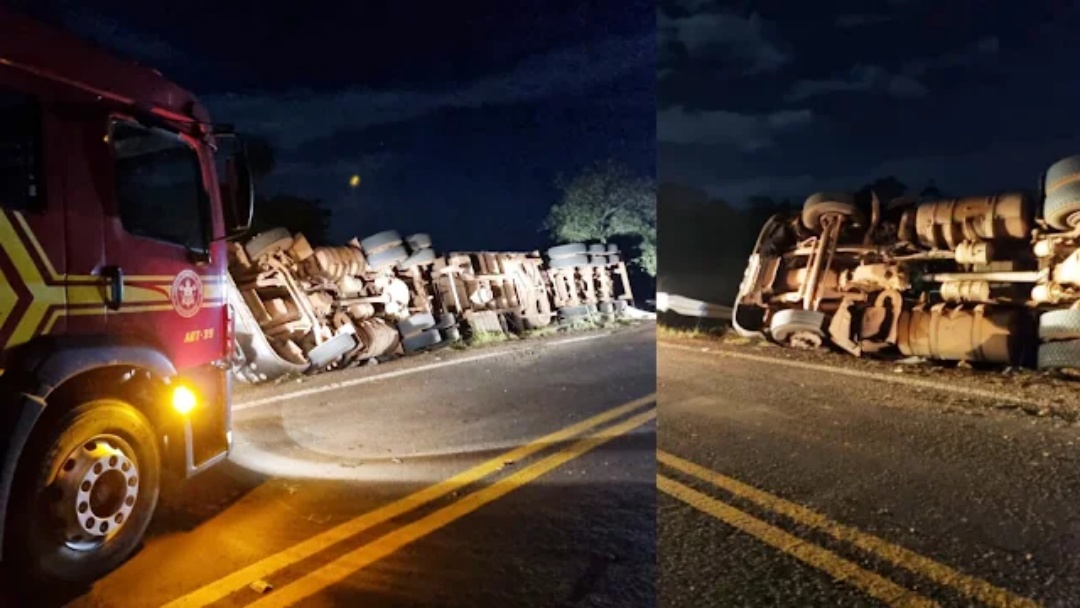 Motorista fica preso às ferragens após carreta tombar na MS-450, em Aquidauana