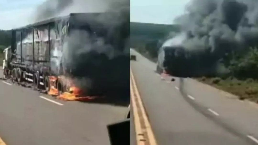 Carreta fica destruída por incêndio com explosões na BR-158