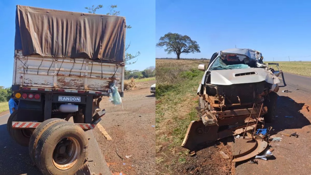 Motorista fica preso nas ferragens em colis&atilde;o envolvendo Hilux e carreta na MS-157