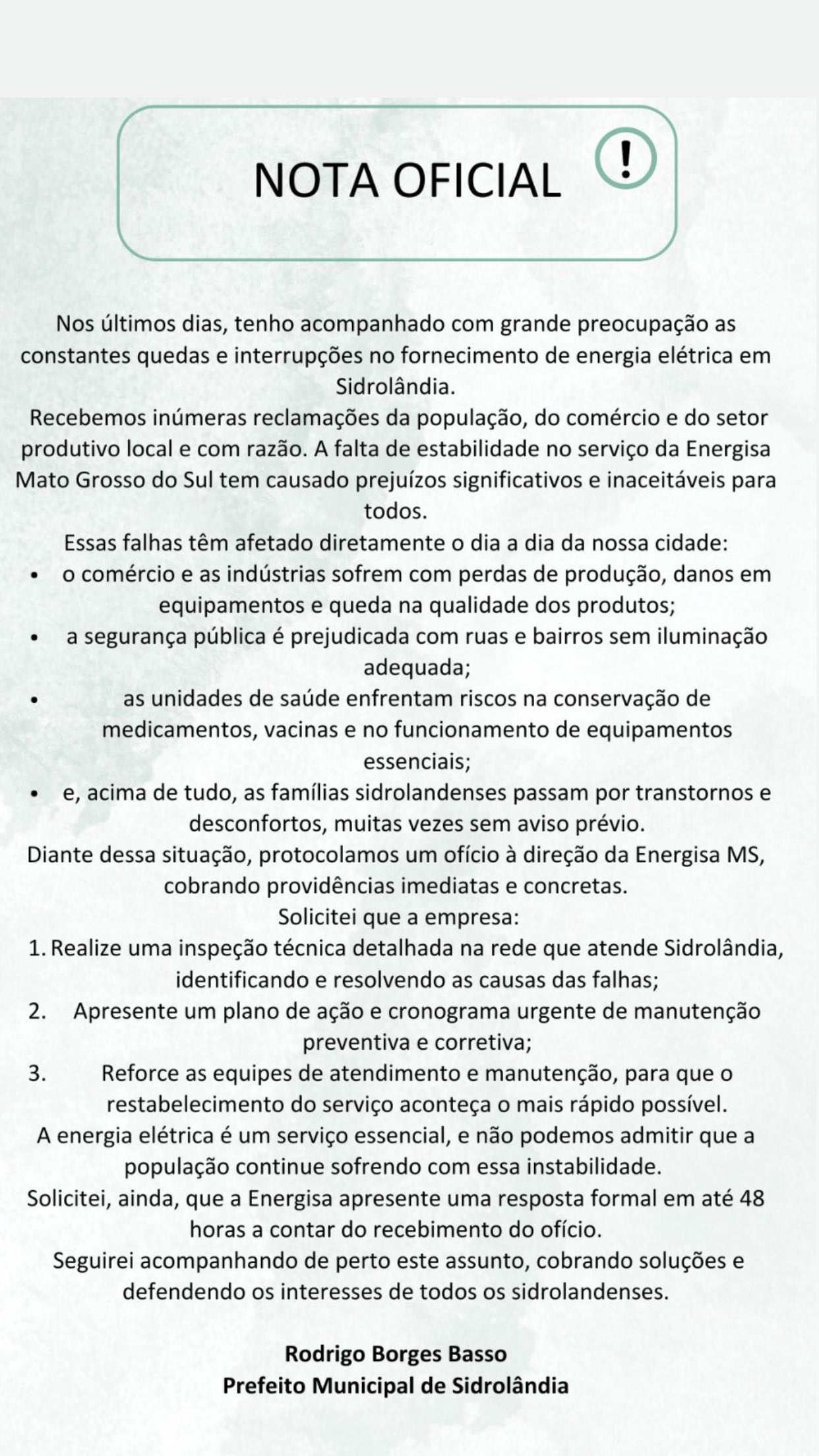 Apag&otilde;es causam preju&iacute;zos em Sidrol&acirc;ndia e prefeito cobra resposta da Energisa