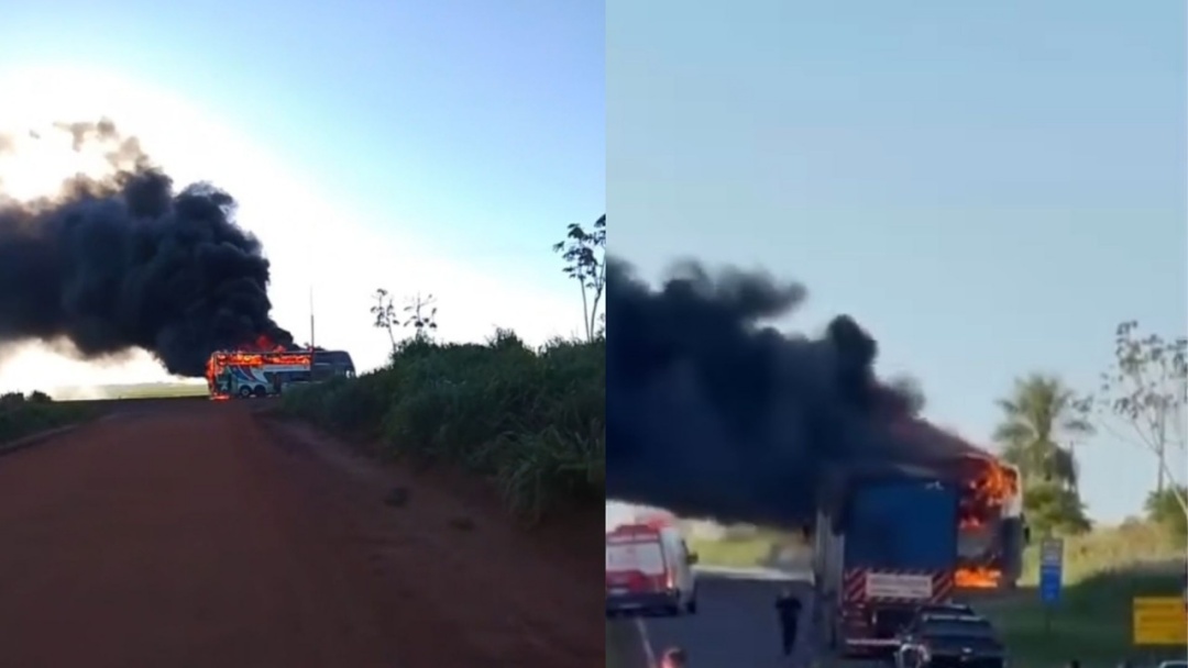 Ônibus com excursão de fiéis pega fogo e fica destruído na BR-163