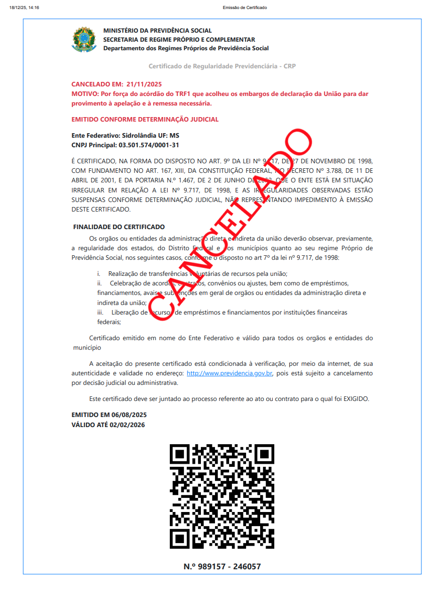 Justi&ccedil;a cassa liminar, Prefeitura perde certid&atilde;o e fica sem acesso a emendas e financiamentos