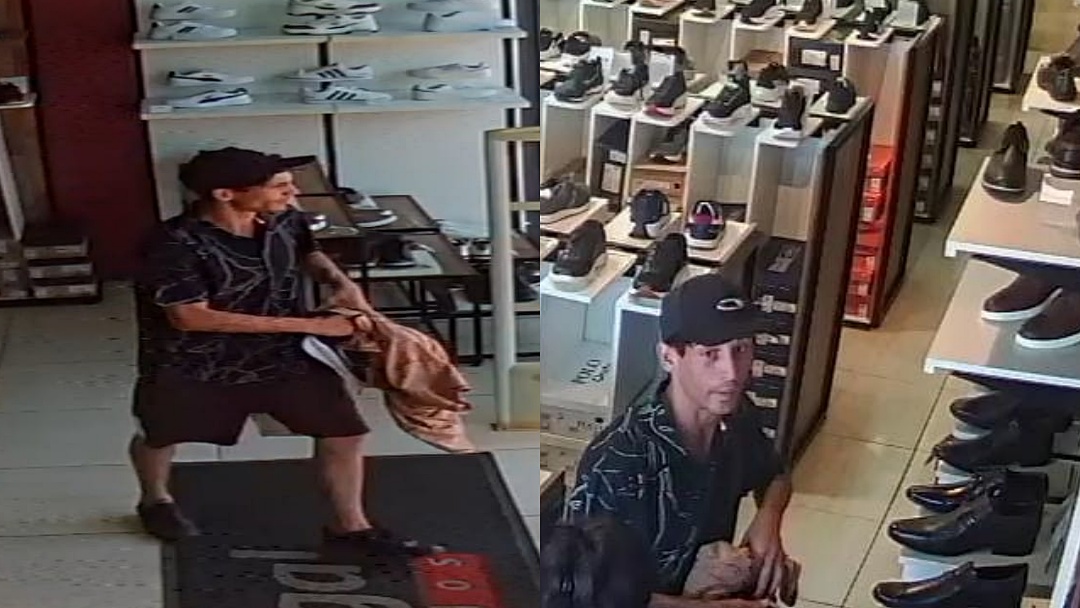 Furto de t&ecirc;nis &eacute; flagrado por c&acirc;meras em loja de cal&ccedil;ados no Centro de Sidrol&acirc;ndia