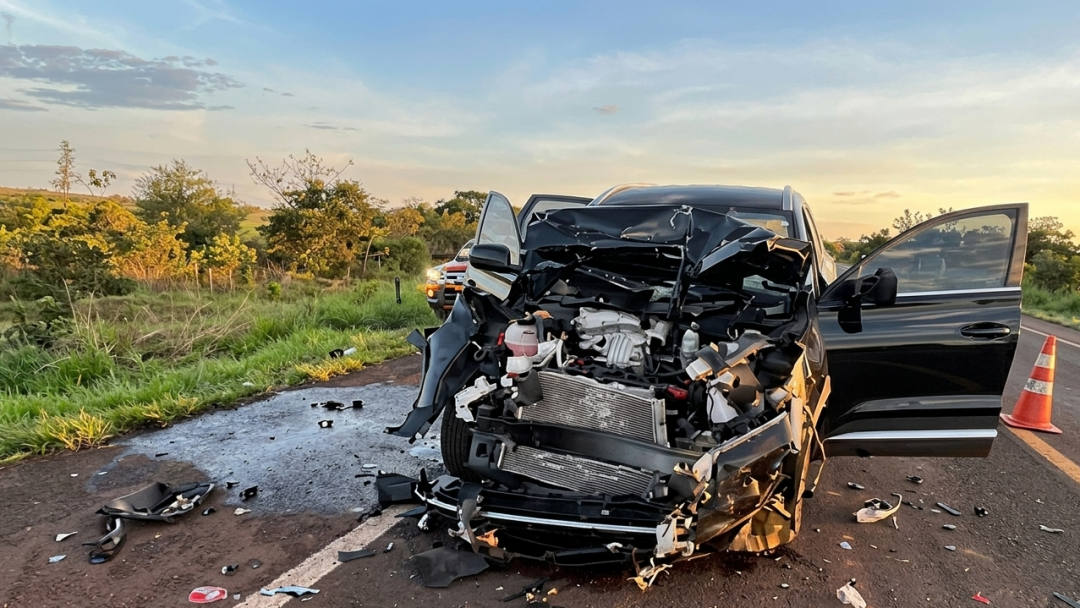 SUV tem frente destruída em colisão com caminhão e 2 pessoas ficam feridas.