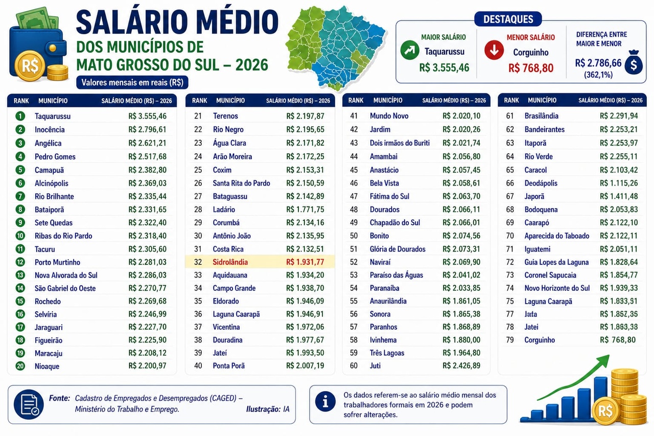 Sal&aacute;rio m&eacute;dio de Sidrol&acirc;ndia recua em 2026, fica abaixo da m&eacute;dia estadual e munic&iacute;pio ocupa 31&ordf; posi&ccedil;&atilde;o no ranking