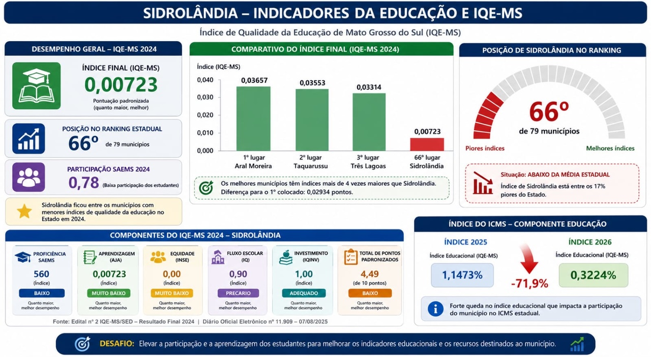 Índice de Qualidade da Educação mostra avanço, mas alfabetização ainda mantêm Sidrolândia entre os últimos do Estado