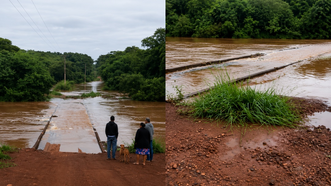 Ponte construída há um ano fica submersa após cheia do Rio Vacaria e isola moradores do Barra Nova