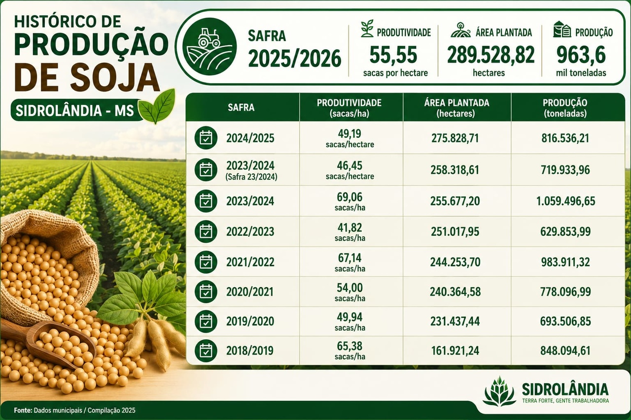 Sidrolândia tem melhor safra desde 2022 e mantém 3º lugar na produção de soja em MS
