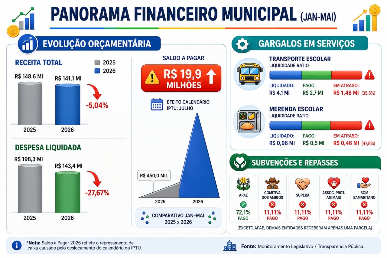 Receita cai, despesas superam arrecadação e Prefeitura acumula quase R$ 20 milhões em pagamentos pendentes