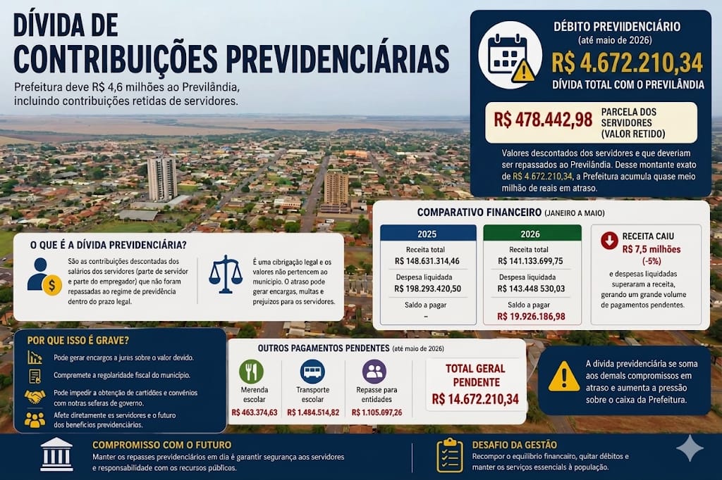 D&iacute;vida previdenci&aacute;ria de R$ 4,6 milh&otilde;es e aus&ecirc;ncia de certificado agravam press&atilde;o sobre as contas do munic&iacute;pio
