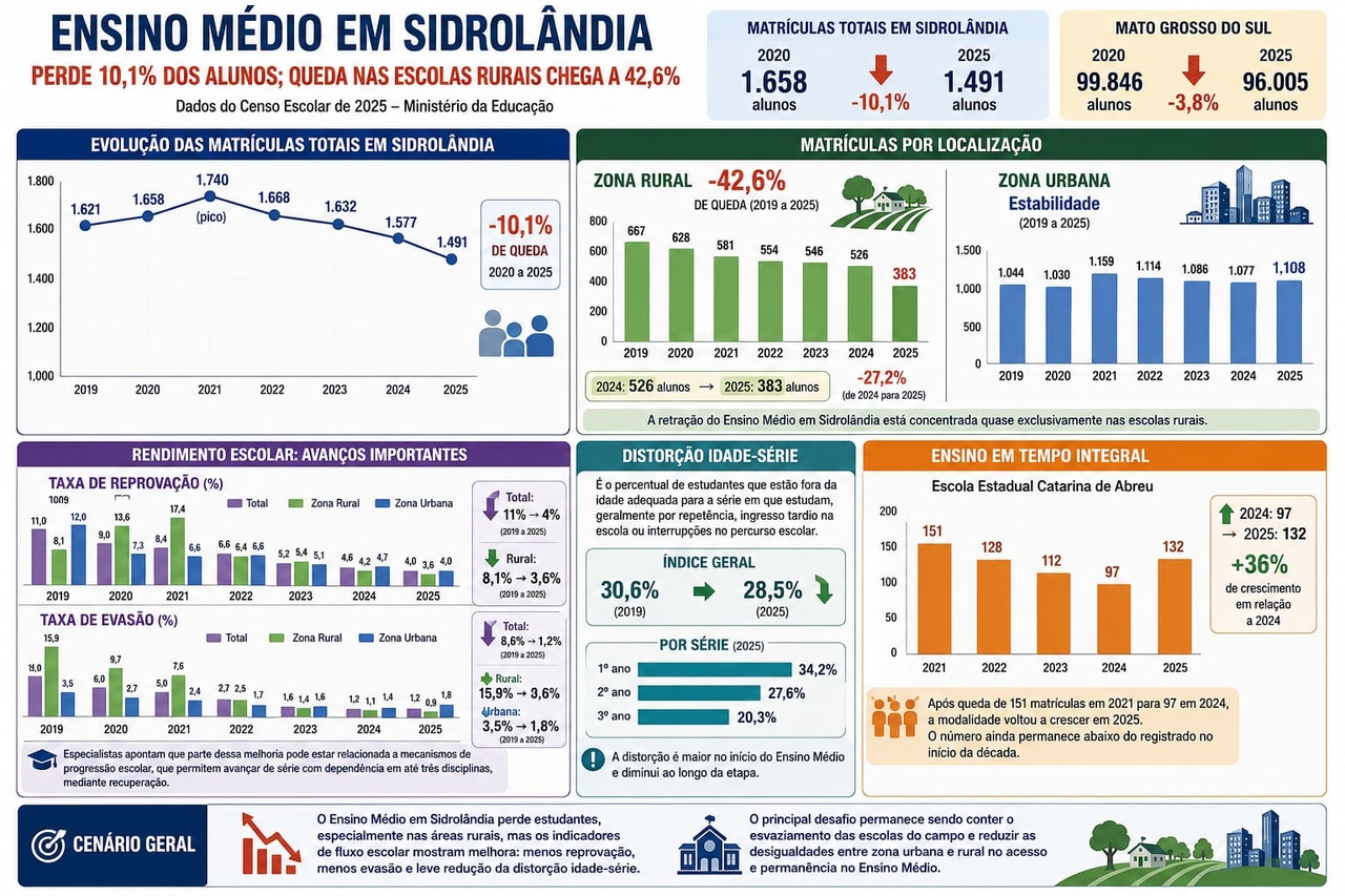 Ensino M&eacute;dio perde 10,1% dos alunos em Sidrol&acirc;ndia; queda nas escolas rurais chega a 42,6%