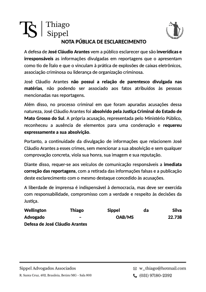 Defesa divulga nota pública e contesta informações divulgadas sobre José Cláudio Arantes